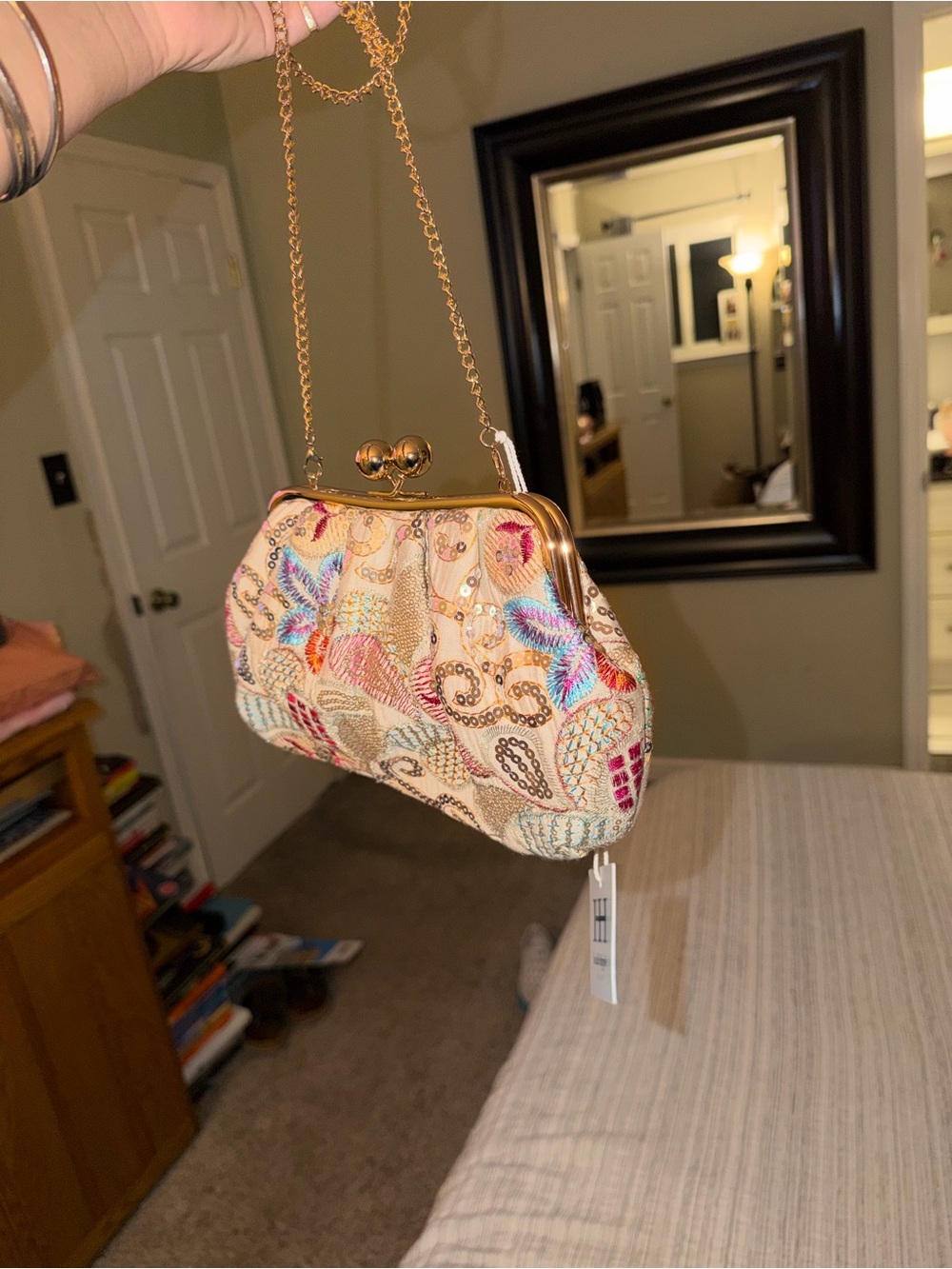 Haute Hippie Cream Beaded Clutch with crossbody chain strap option - Picture 6 of 8